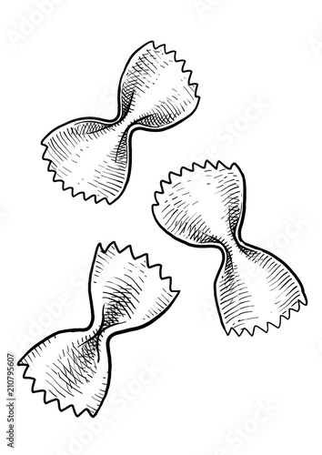 Dried farfalle, strichetti,  pasta illustration, drawing, engraving, ink, line art, vector