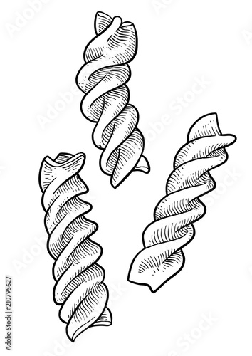 Dried fusilli  pasta illustration, drawing, engraving, ink, line art, vector