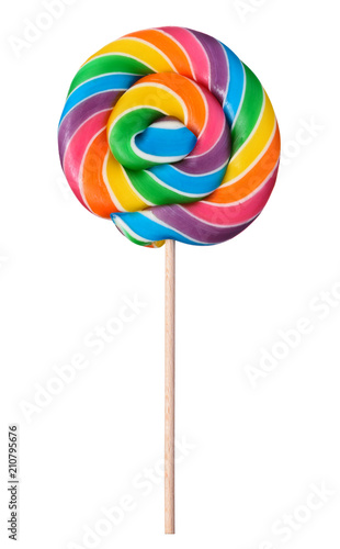 Lollipop swirl large candy on wooden stick hipster rainbow colored isolated on white background