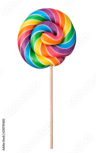 Lollipop swirl big candy on wooden stick rainbow colored isolated on white background © nevodka.com