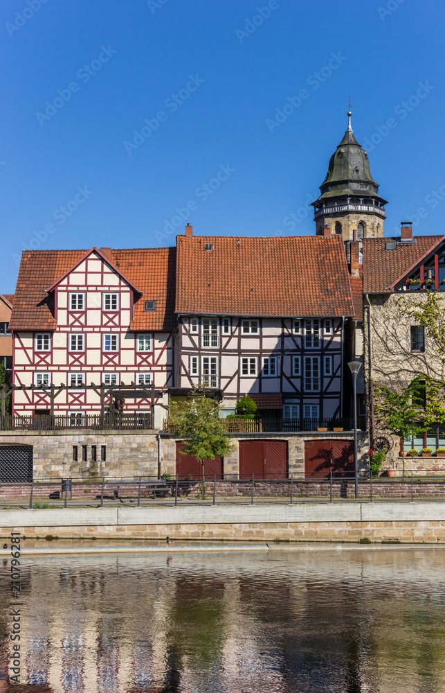 Naklejka premium Historic houses at the Fulda river in Hann. Munden, Germany