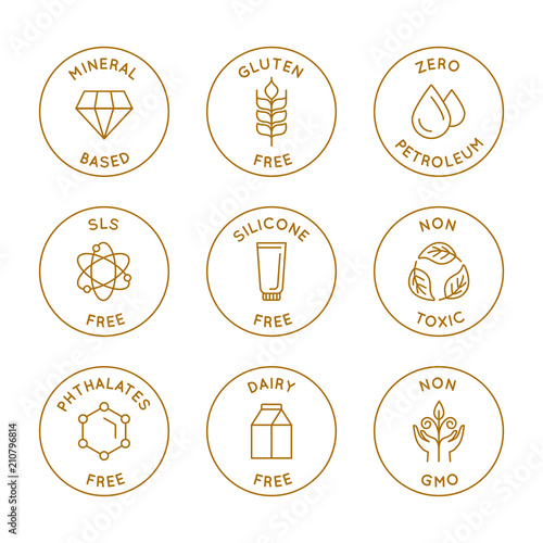 Vector set of linear circle design elements, logo templates, icons and badges for natural organic cosmetics with safe eco ingredients