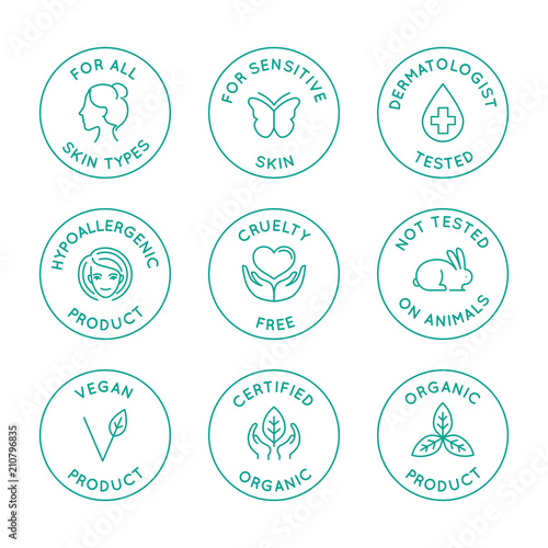 Vector set of linear circle design elements, logo templates, icons and badges for natural organic cosmetics and beauty products with safe eco ingredients