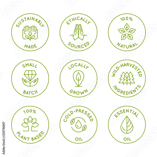 Vector set of linear circle design elements, logo templates, icons and badges for natural organic cosmetics with safe wild-harvested plant-based eco ingredients