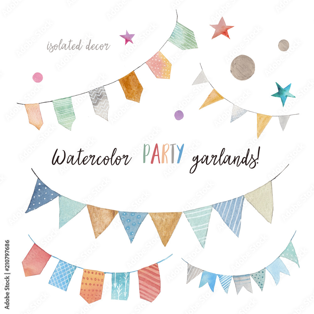 Watercolor stars, dots and flags garlands set isolated on white background. Party, baby room or wedding decor elements with various modern patterns: polka dots, stripes, zigzag.