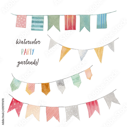Watercolor vintage flags garlands set in raster. Party, baby room and wedding decor elements with various modern patterns: polka dots, stripes, zigzag.
