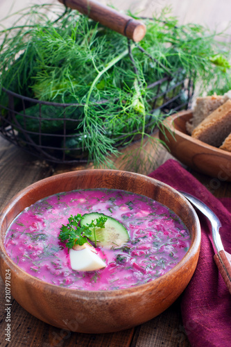 beetroot, cold summer beet soup, selective focus