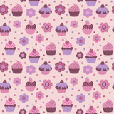 Cute floral seamless texture with decorative cupcakes