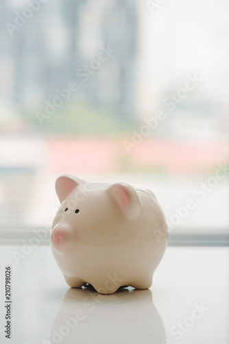 Lovely pink piggy bank standing by the window