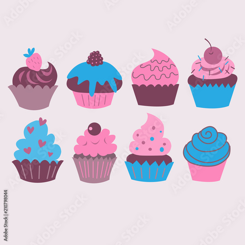 Set with different decorative cupcakes and cakes