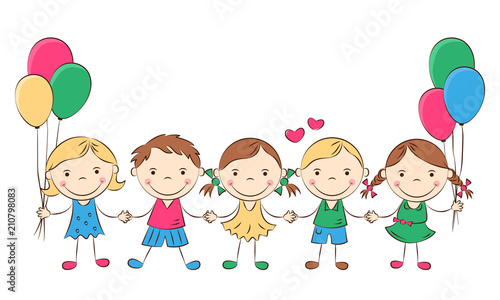 Funny doodle kids with colored balloons. Happy cartoon boys and girls hold hands. Holidays  vacations  weekends. Vector illustration