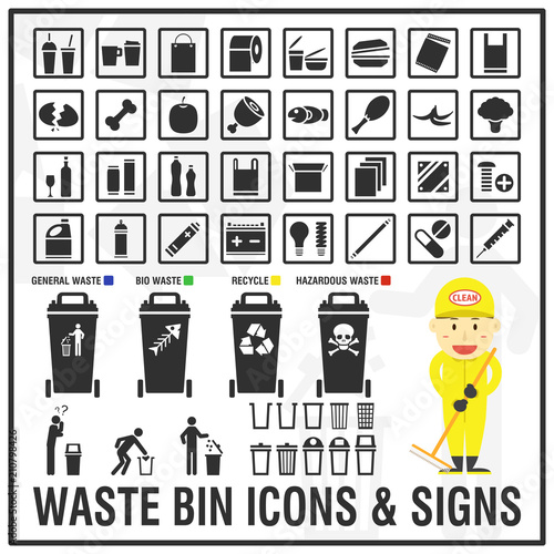 Specific waste type symbols can help people to separate waste properly. Set of signs and symbols of waste and waste bin design for web and media decorations. 