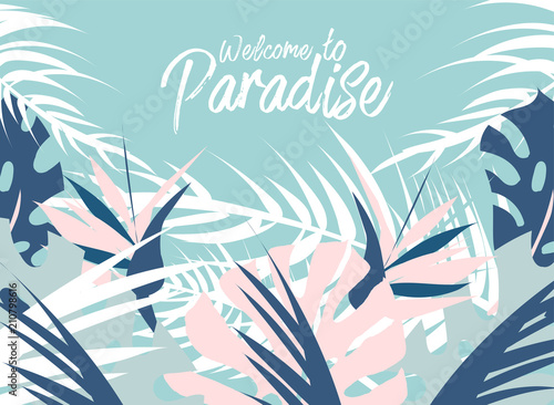 Tropical jungle summer illustration of different palm leaves and wild flowers. Summer paradise. Pastel print for advertising, brochure, banner, invitation, business, wedding, birthday, party