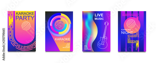 Karaoke party invitation flyer template. Concept for a night club.Design template.Advertising bright karaoke bar, party, disco bar.Live music.Ticket Neon Vector.Set of neon banner poster