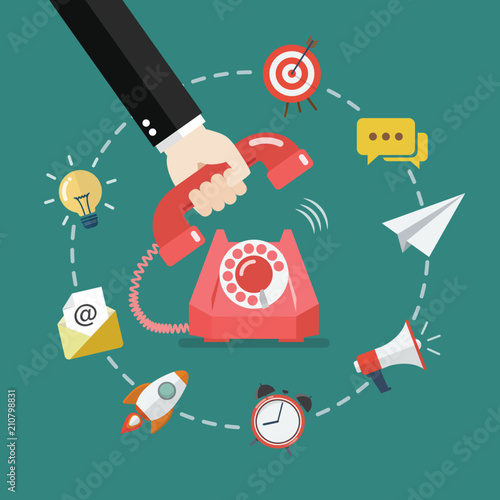 Hand picking up the phone with business icons