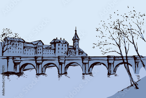 Cityscape with bridge over river. Vector drawing