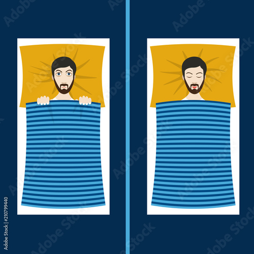 Man with sleep problems and insomnia symptoms versus good sleep man.Flat  illustration.