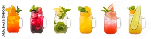 Fotografie Set of classical fresh delicious lemonades in a vintage mason jars isolated on white background