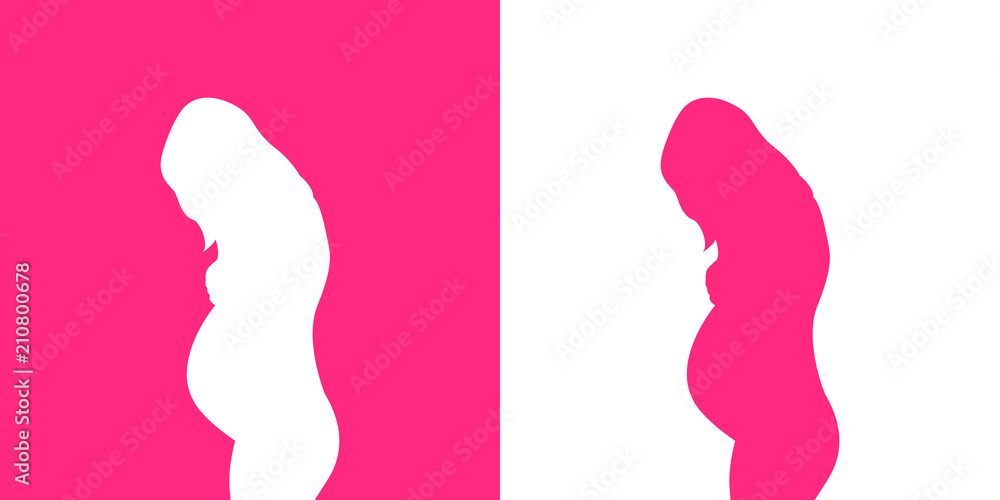 Icono plano silueta mujer embarazada de pie en rosa y blanco Icono plano silueta mujer embarazada de pie en rosa y blanco