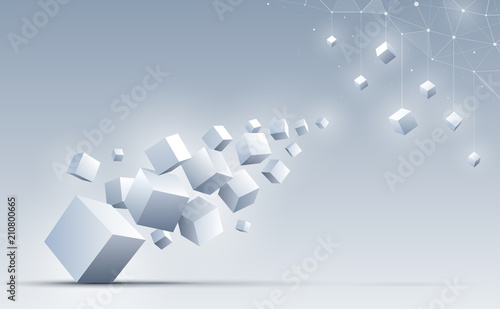 3d cube on the floor drift up to a group of cubes hanging from the top. Science and technology background. Big data and Internet connection. Abstract background. Vector illustration.