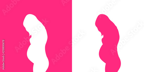 Icono plano silueta mujer embarazada de pie en rosa y blanco © teracreonte