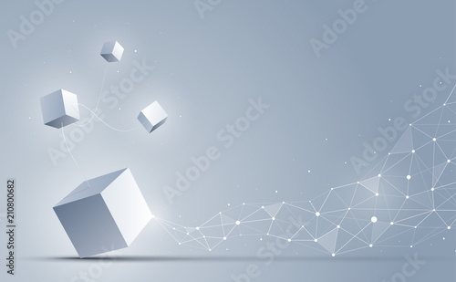 3d Cubes connecting to abstract geometric polygonal dots and lines. Science and technology background. Big data and Internet connection. Abstract background. Vector illustration.