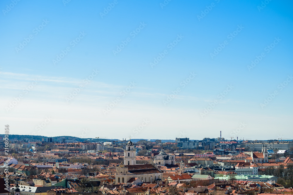 Beautiful spring panorama of Vilnius old town at sunny day. View