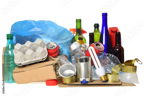 trash for recycling with, glass bottles, cans, plastic bottle and bulb