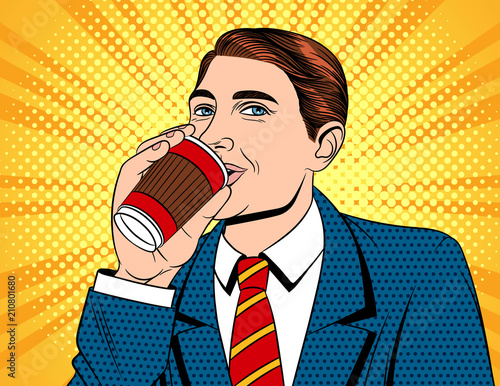 Vector colorful pop art comic style illustration of a businessman in drinking a coffee. Portrait of young handsome guy in suit with paper cup of hot drink