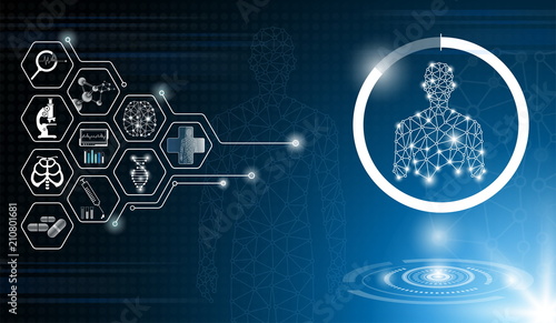abstract background technology concept in blue light,brain and human body heal ,technology modern medical science in future and global international medical with tests analysis clone DNA human