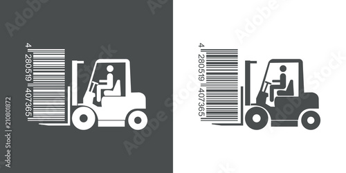 Icono plano codigo de barras carretilla elevadora en gris y blanco