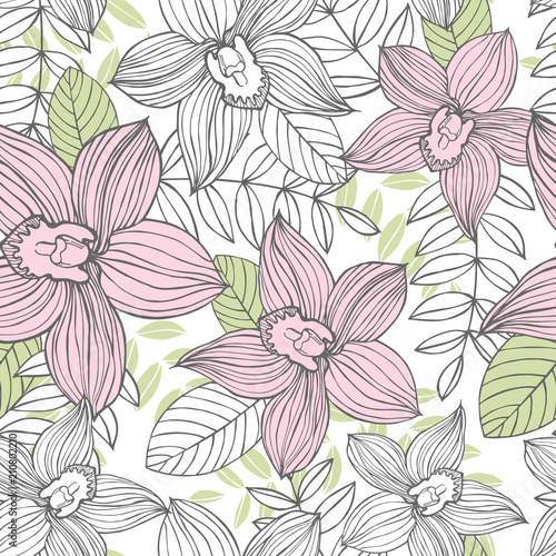 Fototapeta Naklejka Na Ścianę i Meble -  Hand drawn orchids.Vector  seamless pattern