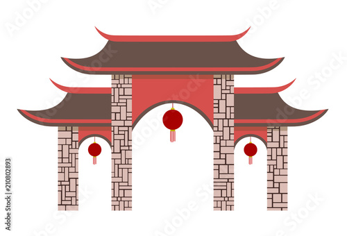 Simple Chinese pavilion gate. Vector illustration of a gate. Isolated on white background.
