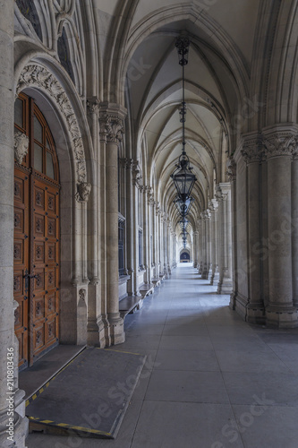 Vienna, Austria - March 25, 2017 - entrance to the Vienna city hall and Gothic arches of the passage close-up