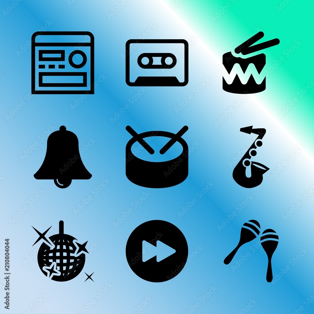 Fototapeta premium Vector icon set about music with 9 icons related to set, gear, treble, trommel, chemistry, compass, audiotape, child, dj and media