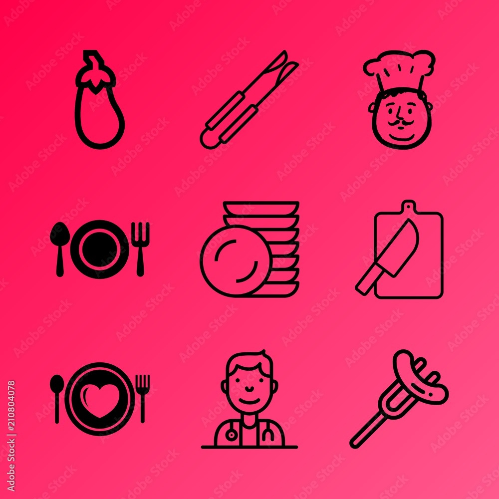 Vector icon set about kitchen with 9 icons related to equipment, industry, home, dieting, love, leaf, prepare, group, seasoning and texture Vector icon set about kitchen with 9 icons related to equipment, industry, home, dieting, love, leaf, prepare, group, seasoning and texture