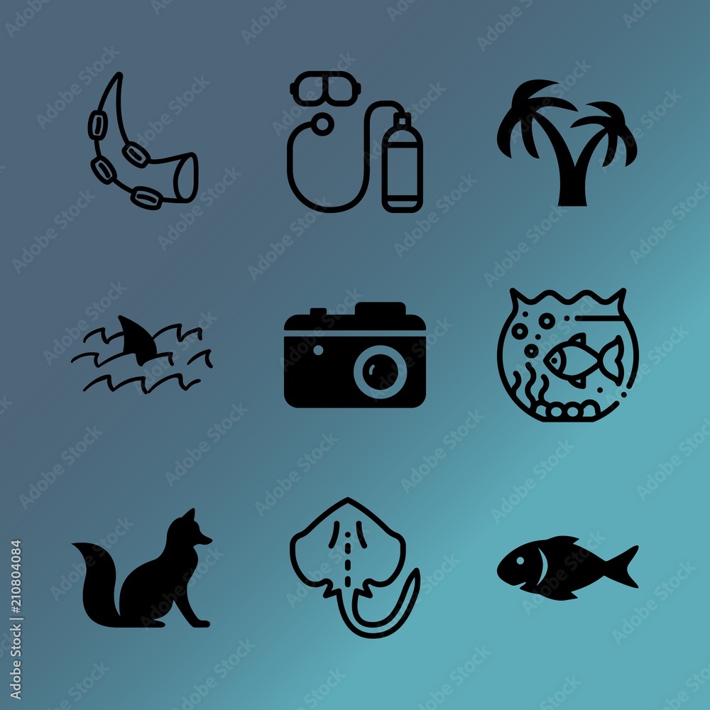 Vector icon set about sea with 9 icons related to camera, raccoon, extreme, sunglasses, snorkeling, vector, mask, landscape, tattoo and branch