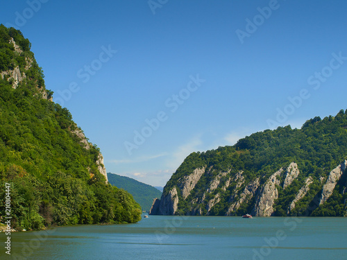 Panoramic view over the Danube river Canyon at Dubova, Mehedinti County, Romania 