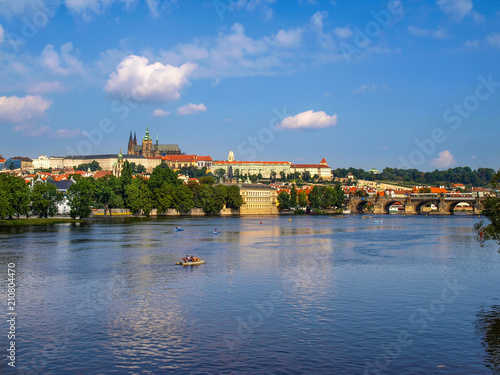 Cityscape with the Vltava River, The Prague Castle and The Saint Vitus Cathedral in Prague, Czech Republic 