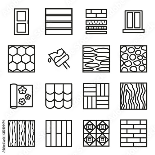Building Construction Materials Signs Black Thin Line Icon Set. Vector