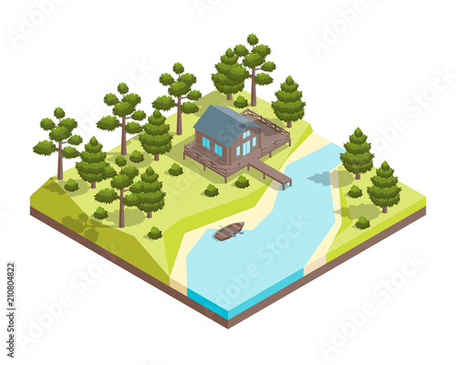 House Forest Lake Concept 3d Isometric View. Vector