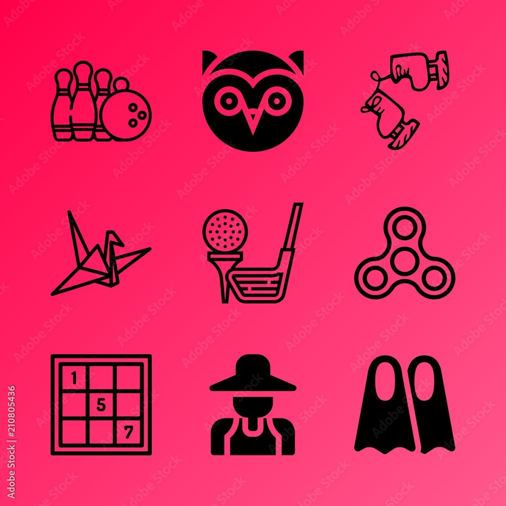 Fototapeta premium Vector icon set about hobby with 9 icons related to hunt, clothing, element, work, hobby, fidget spinner, popular, happy, portrait and grow