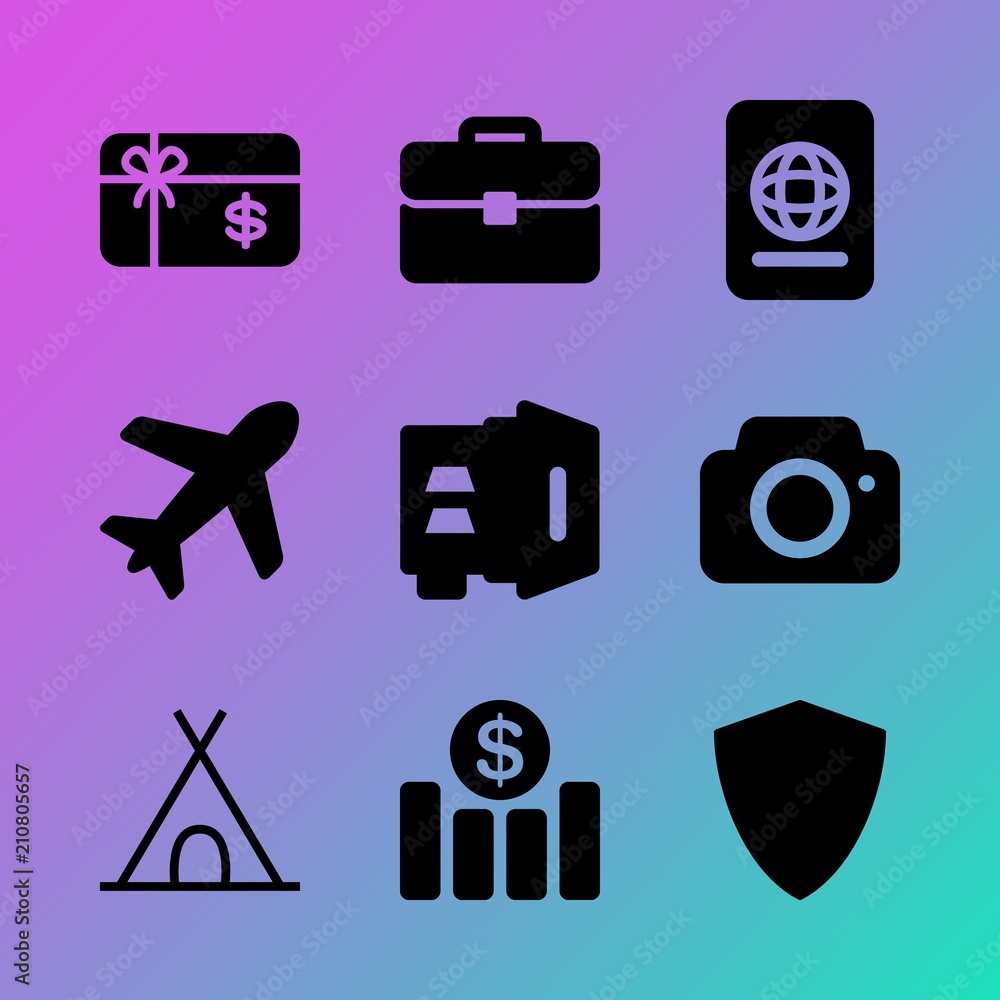 Fototapeta premium Vector icon set about business with 9 icons related to merchandise, structure, international, exchange, speed, secure, love, arrival, polygon and illustration