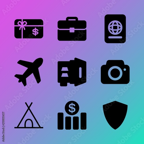 Vector icon set about business with 9 icons related to merchandise, structure, international, exchange, speed, secure, love, arrival, polygon and illustration
