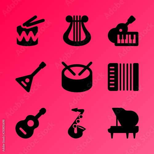Vector icon set about music instruments with 9 icons related to harmonic, clef, classical, song, decoration, music instruments, art, symphony, saxophone and music keys