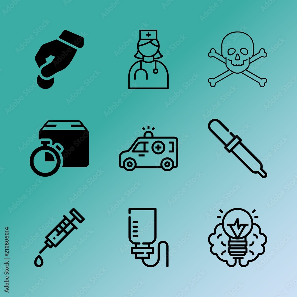 Fototapeta premium Vector icon set about medicine with 9 icons related to transport, silhouette, food, hospital, paper, room, clinic, urgent, skincare and aid
