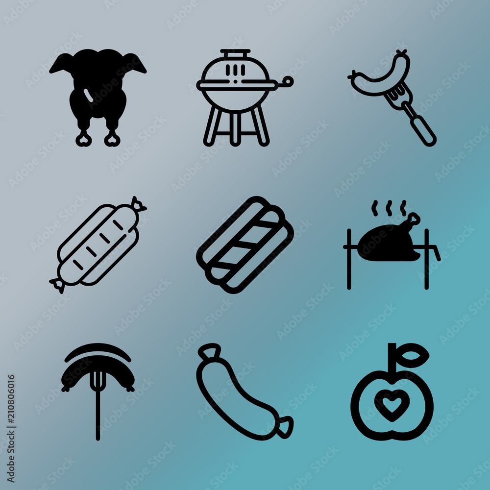 Vector icon set about barbecue with 9 icons related to yellow, product, fast food, flame, rooster, wooden, weekend, fork, wood and grill