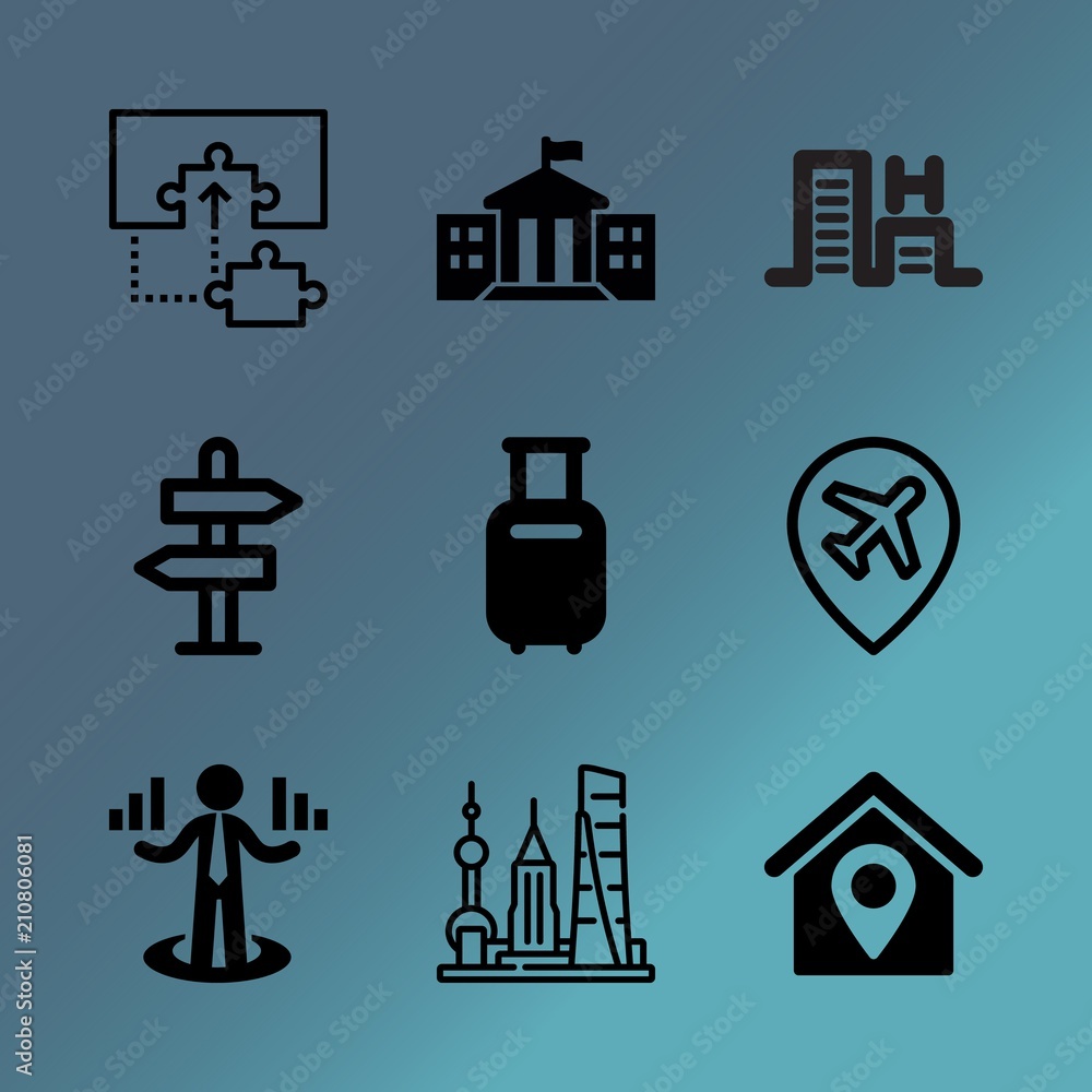Vector icon set about building with 9 icons related to civic, pointer, gate, innovation, woman, location, travel, connection, leisure and waterfront Vector icon set about building with 9 icons related to civic, pointer, gate, innovation, woman, location, travel, connection, leisure and waterfront
