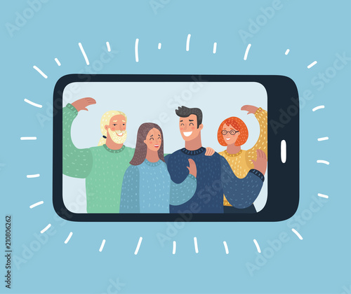 Group people wave from display of smartphone photo
