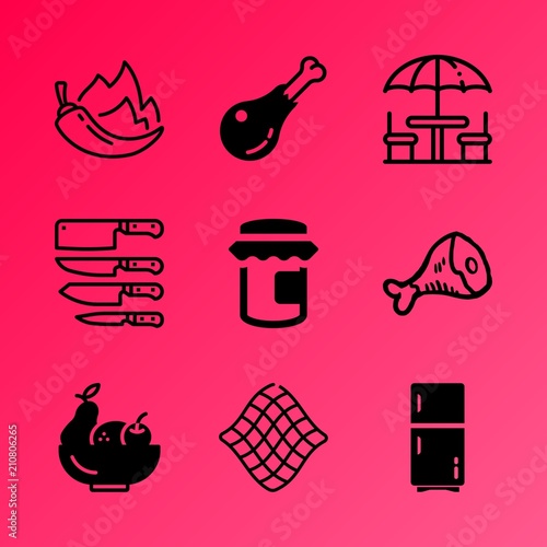 Vector icon set about kitchen with 9 icons related to tissue, tape, household, tool, steak, bacon, health, setting, jalapeno and cellulite